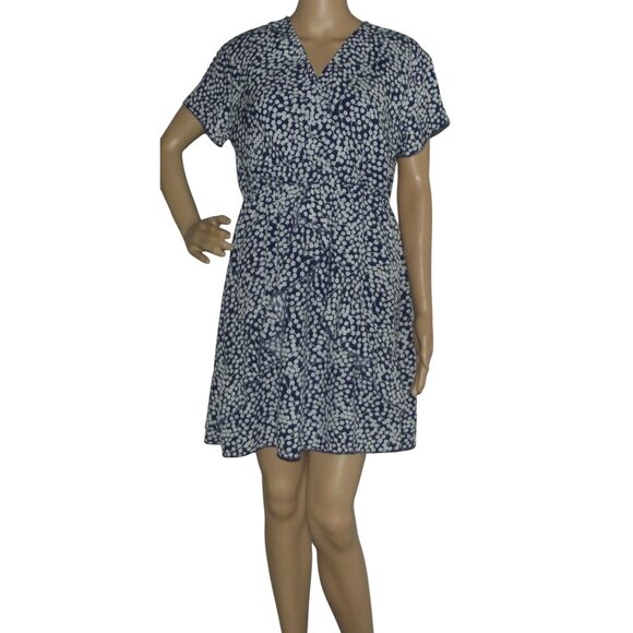 EcoWish Dress Womens Sz Large Blue White Floral v-neck wrap ruffle short sleeve - Picture 1 of 13
